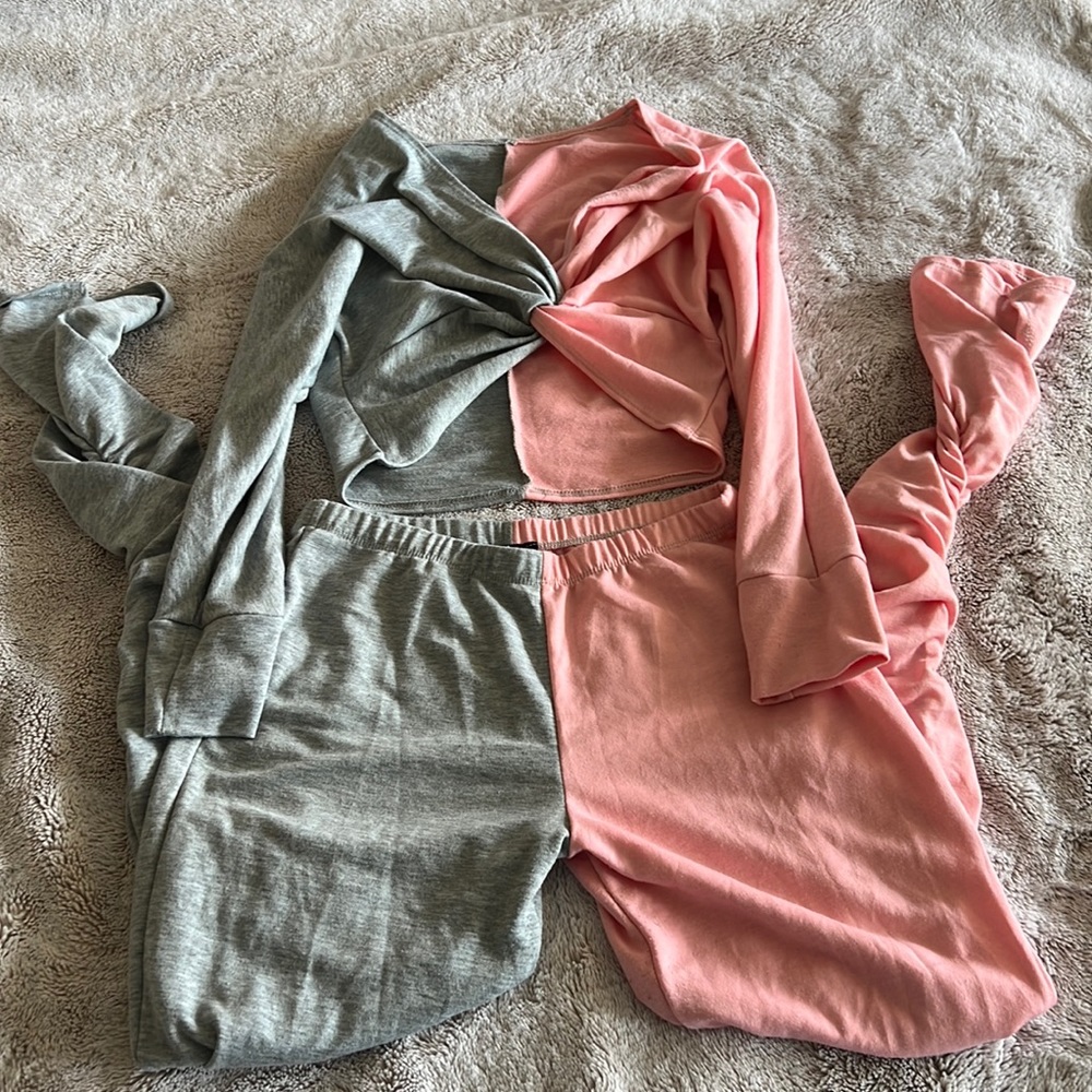 Pink and grey ruched cropped top sweatsuit